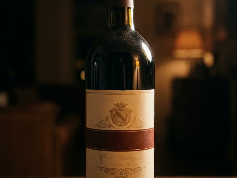 uma garrafa de vinho tinto em pé sobre a mesa, com o rótulo de frente